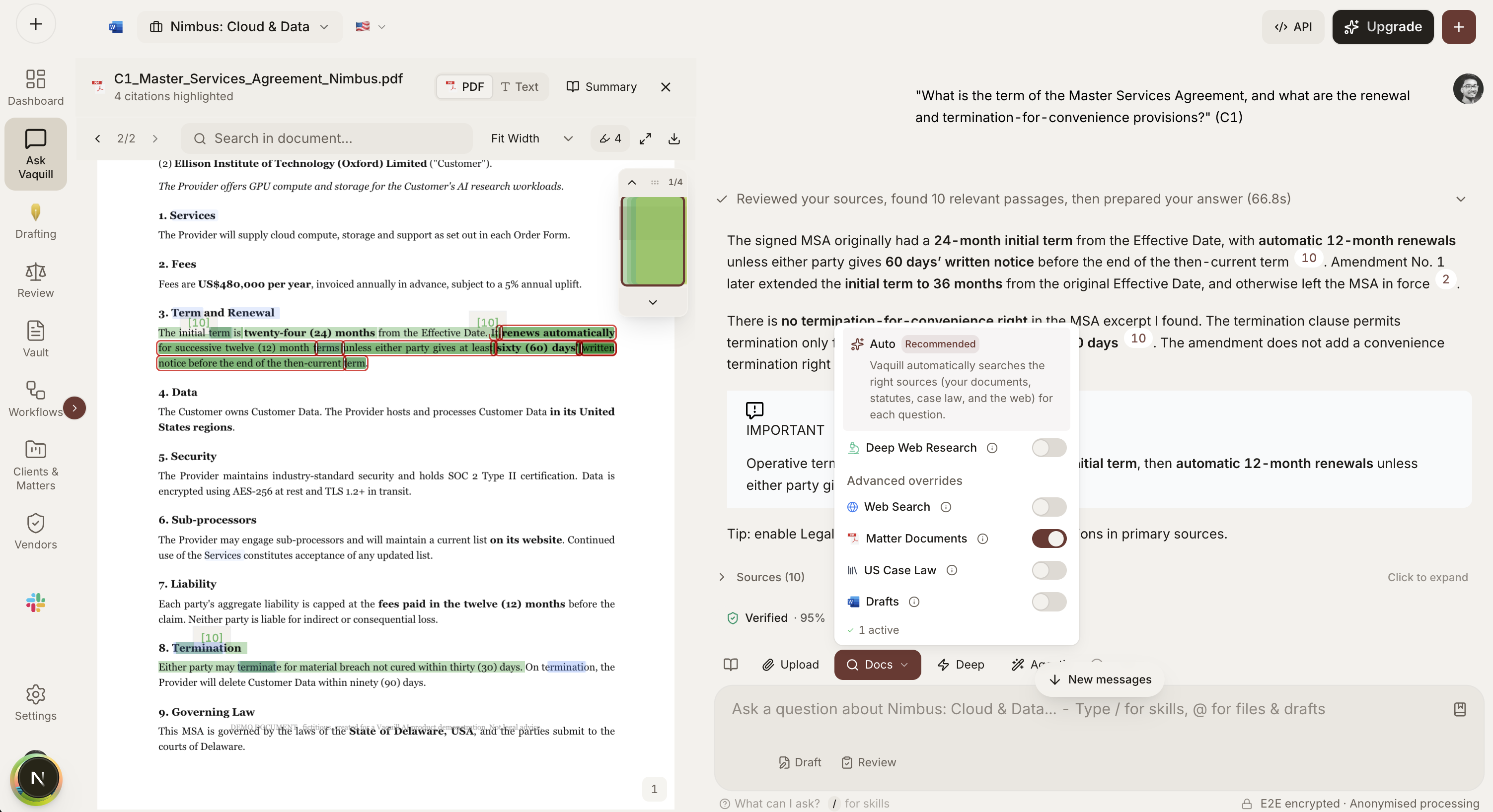 Vaquill AI answering a question over a matter's documents with highlighted citations, a verified badge, and a source picker scoped to matter documents