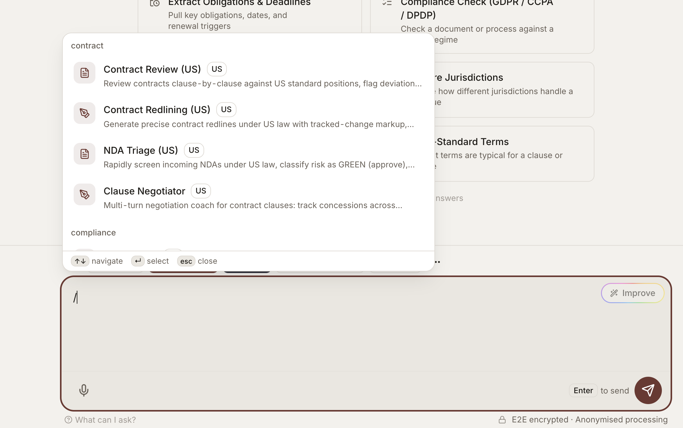 Legal AI skills menu with built-in playbooks for contract review, NDA triage, and more