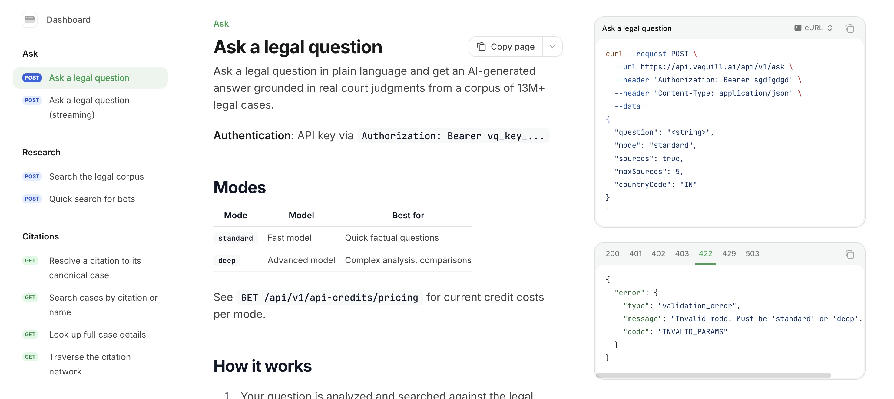 Vaquill REST API and MCP documentation